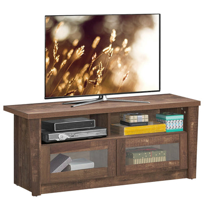 Wood Media Console with Glass Door Cabinets, Open Shelves, and Cable Management for 55 Inch TVs