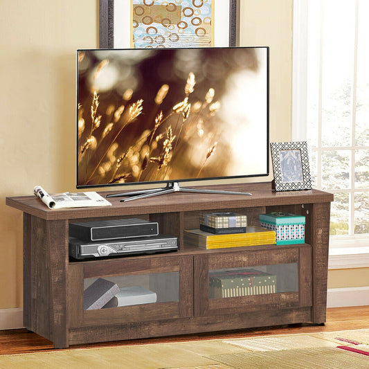 Wood Media Console with Glass Door Cabinets, Open Shelves, and Cable Management for 55 Inch TVs