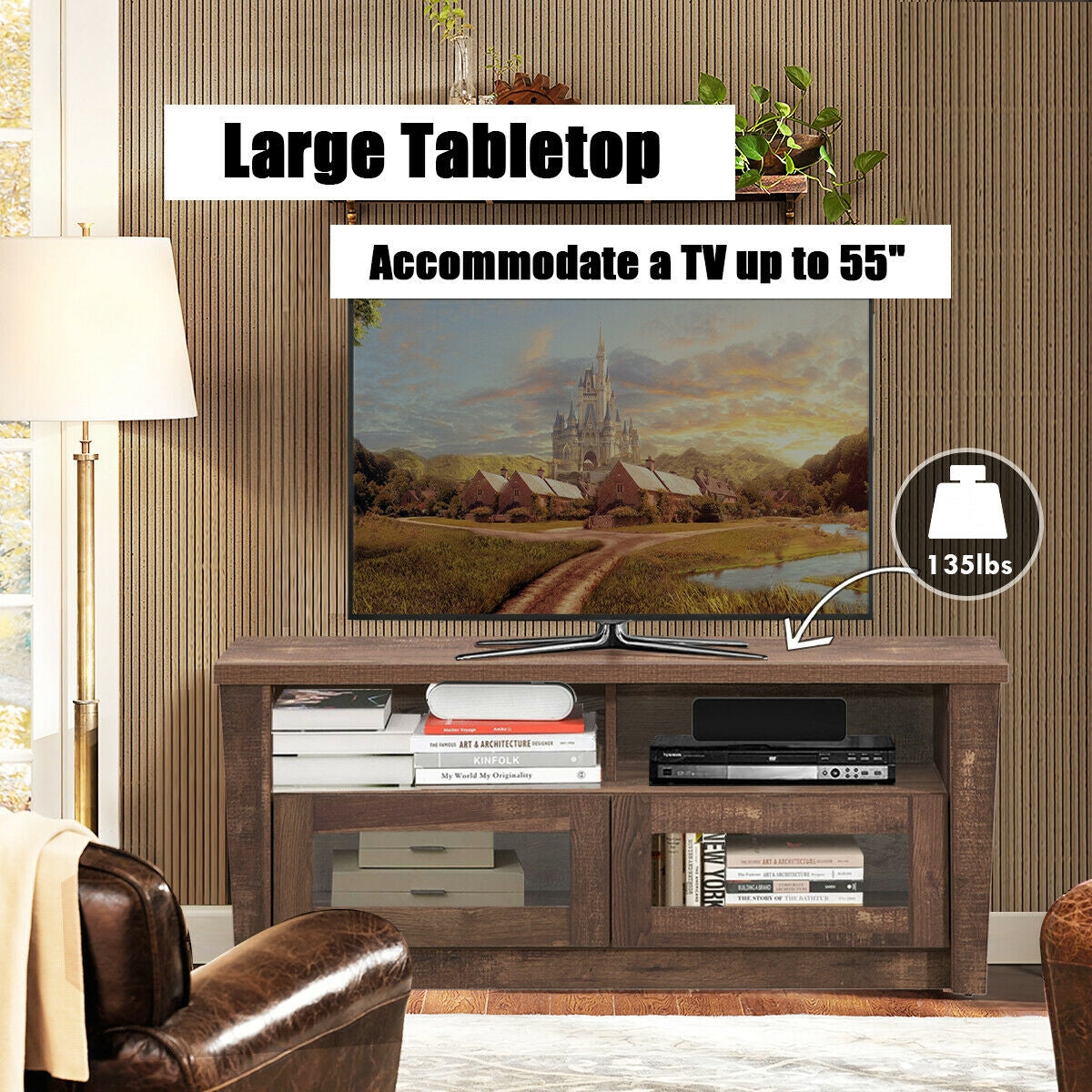 Wood Media Console with Glass Door Cabinets, Open Shelves, and Cable Management for 55 Inch TVs