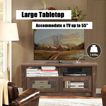Wood Media Console with Glass Door Cabinets, Open Shelves, and Cable Management for 55 Inch TVs