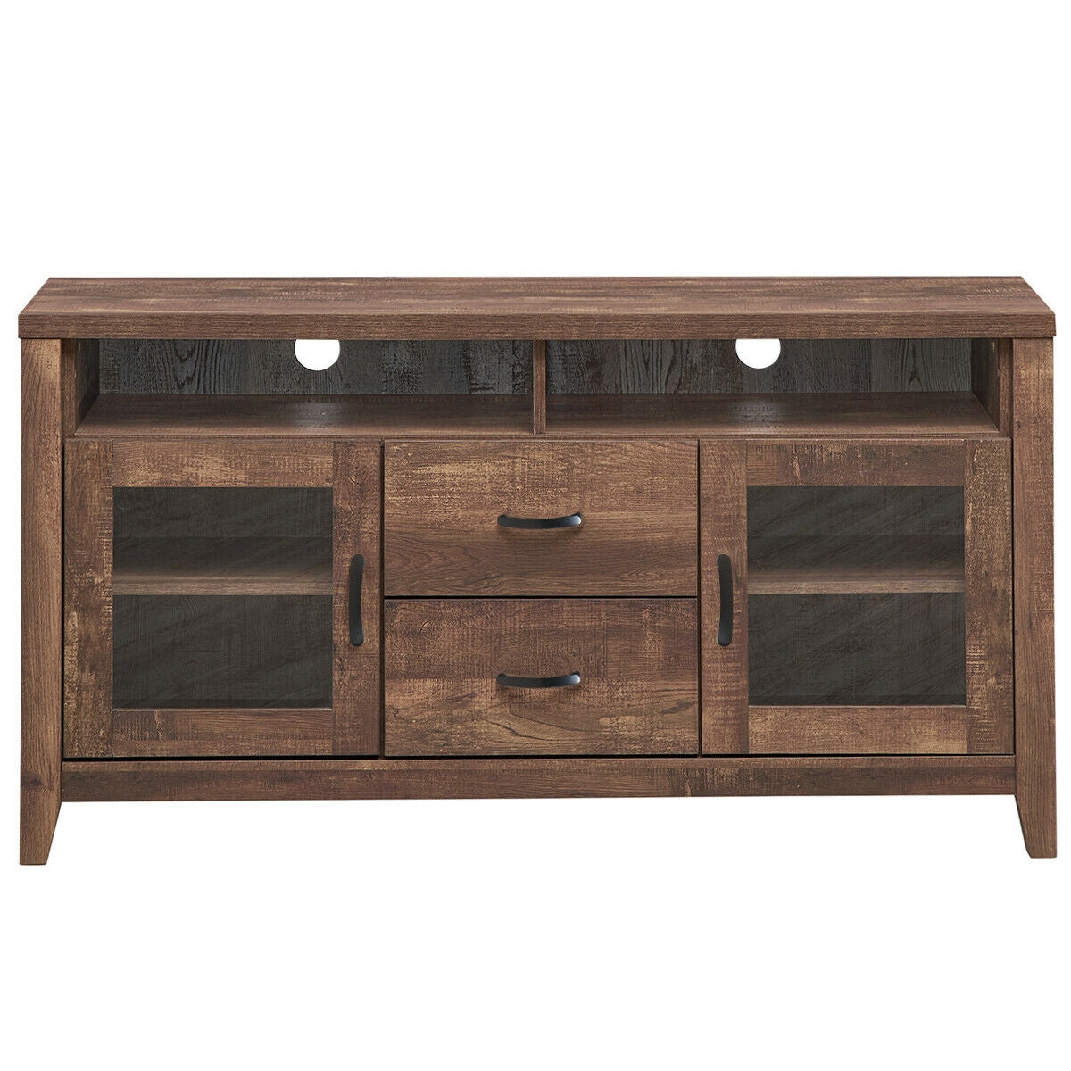 Retro Wooden TV Stand for TVs up to 65 Inches with Drawers, Cabinets, and Tempered Glass Doors