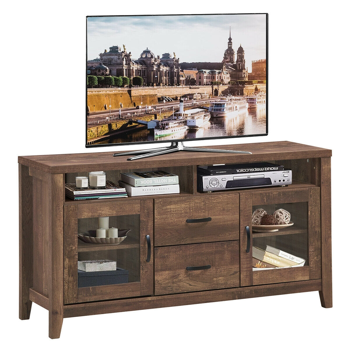 Retro Wooden TV Stand for TVs up to 65 Inches with Drawers, Cabinets, and Tempered Glass Doors