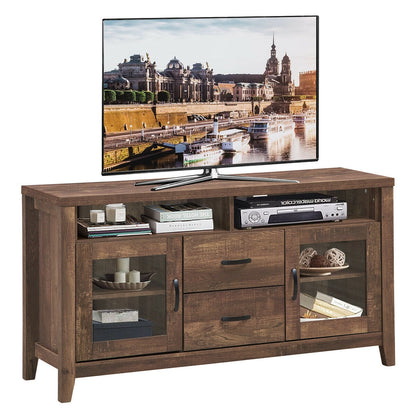 Retro Wooden TV Stand for TVs up to 65 Inches with Drawers, Cabinets, and Tempered Glass Doors