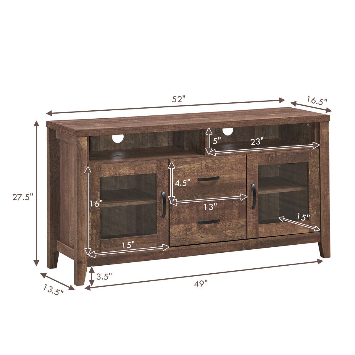 Retro Wooden TV Stand for TVs up to 65 Inches with Drawers, Cabinets, and Tempered Glass Doors
