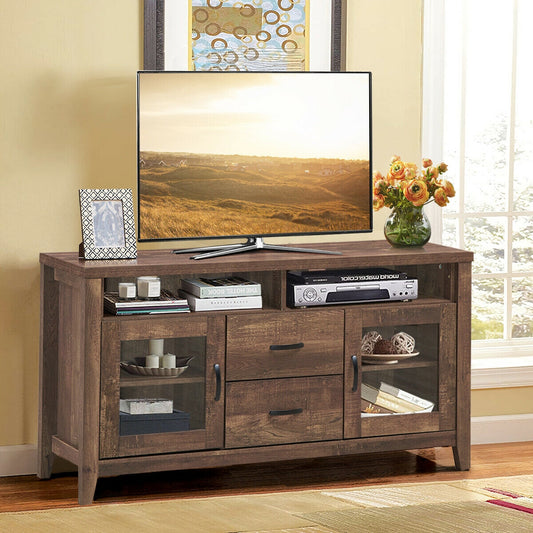 Retro Wooden TV Stand for TVs up to 65 Inches with Drawers, Cabinets, and Tempered Glass Doors