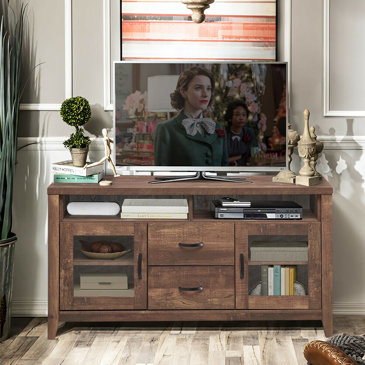 Retro Wooden TV Stand for TVs up to 65 Inches with Drawers, Cabinets, and Tempered Glass Doors
