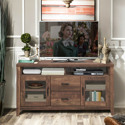 Retro Wooden TV Stand for TVs up to 65 Inches with Drawers, Cabinets, and Tempered Glass Doors