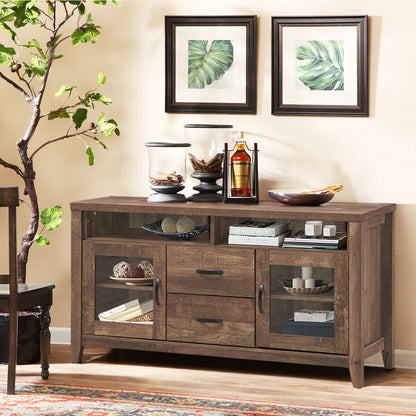 Retro Wooden TV Stand for TVs up to 65 Inches with Drawers, Cabinets, and Tempered Glass Doors