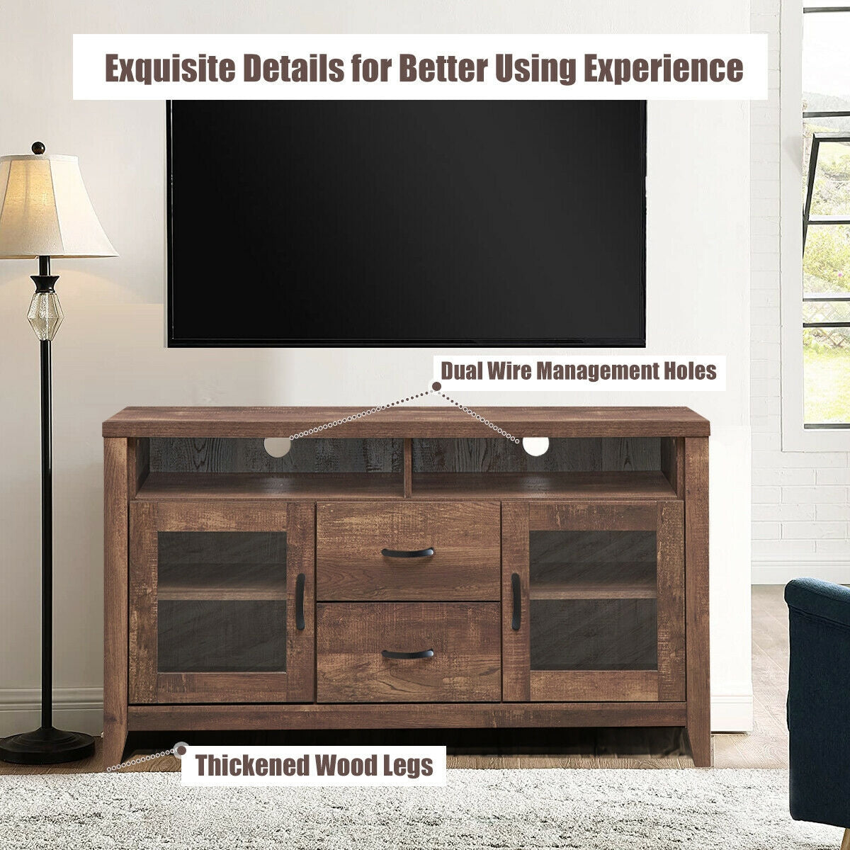 Retro Wooden TV Stand for TVs up to 65 Inches with Drawers, Cabinets, and Tempered Glass Doors