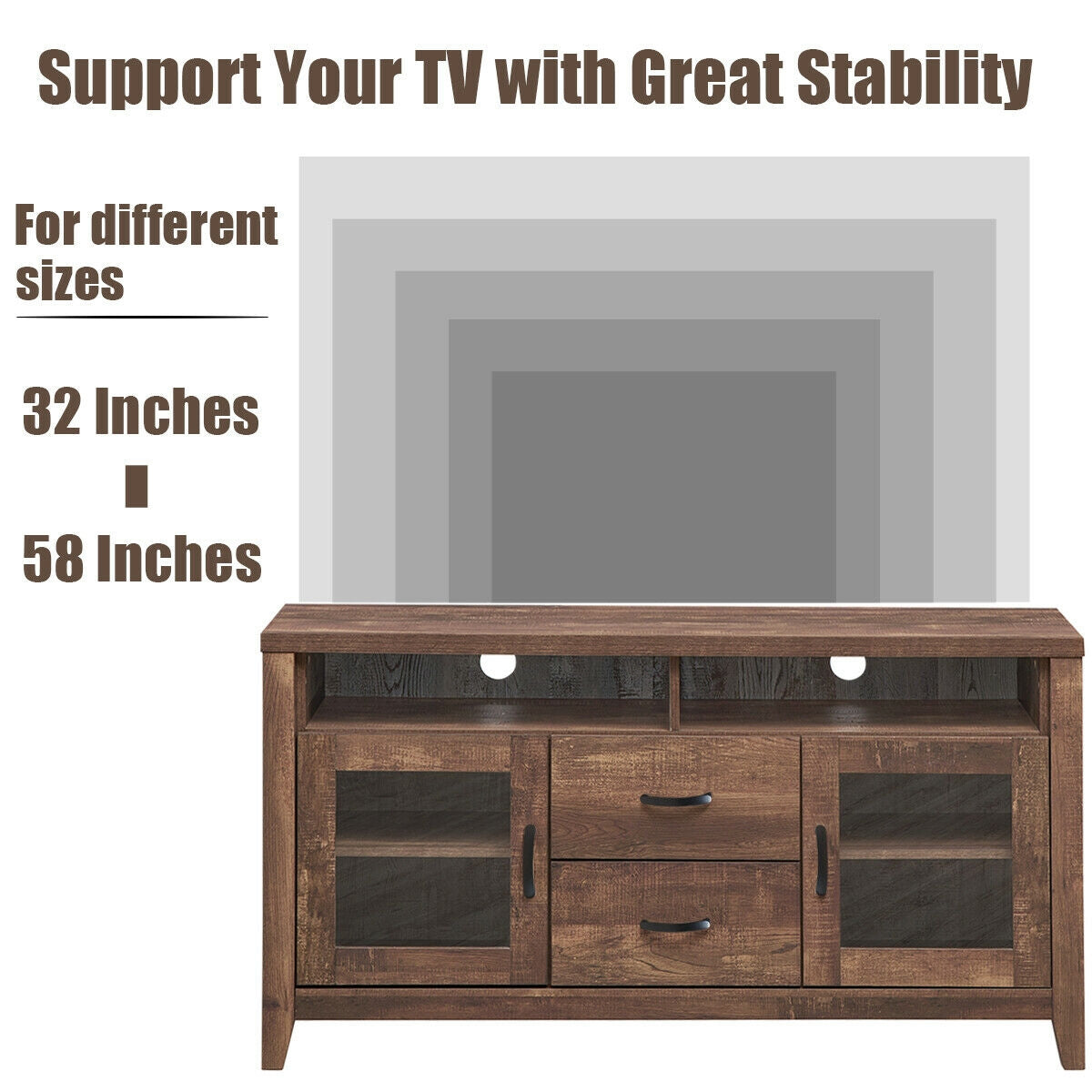 Retro Wooden TV Stand for TVs up to 65 Inches with Drawers, Cabinets, and Tempered Glass Doors