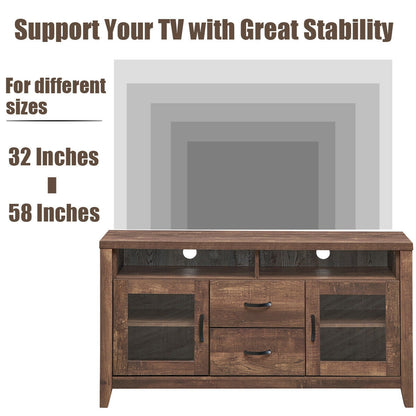 Retro Wooden TV Stand for TVs up to 65 Inches with Drawers, Cabinets, and Tempered Glass Doors