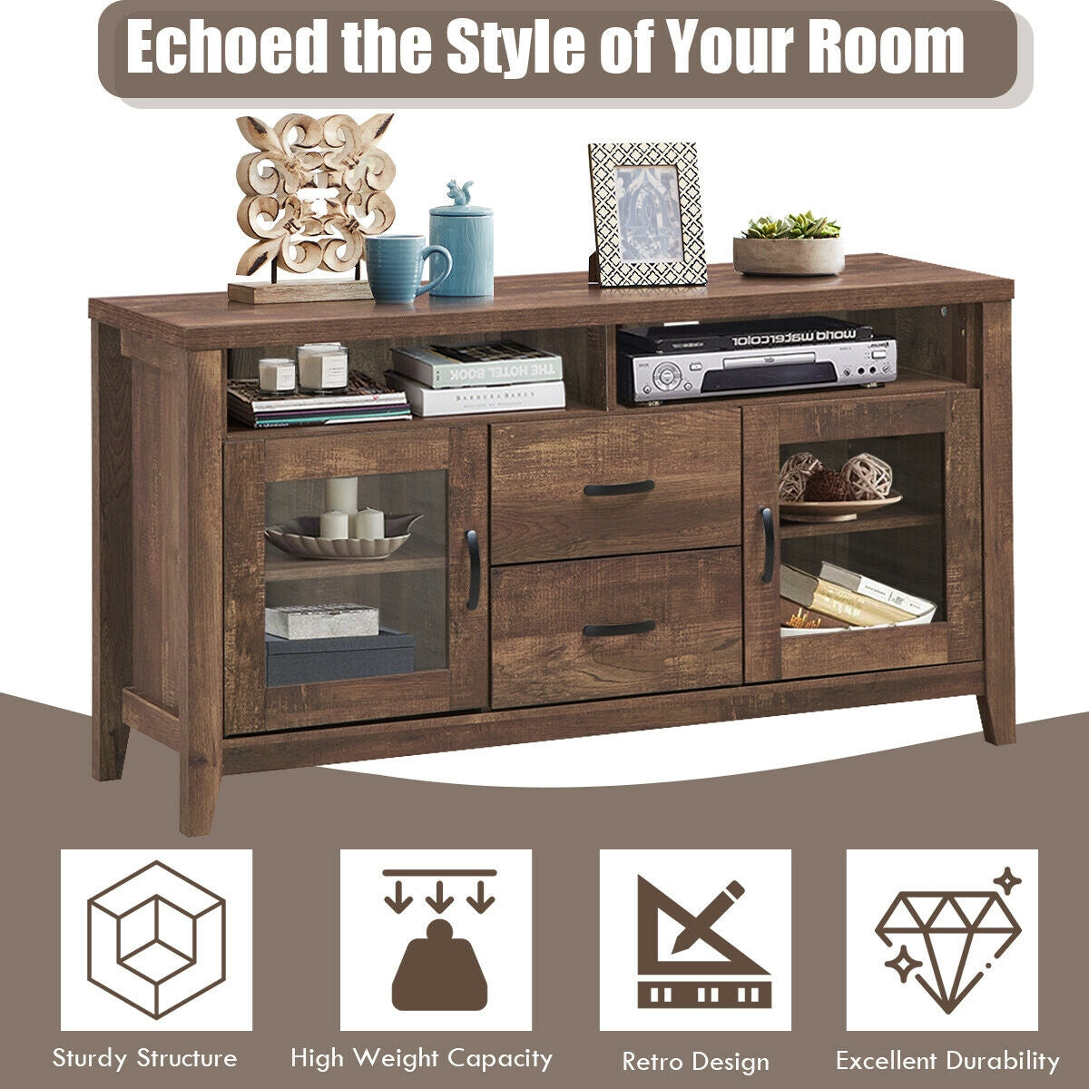 Retro Wooden TV Stand for TVs up to 65 Inches with Drawers, Cabinets, and Tempered Glass Doors