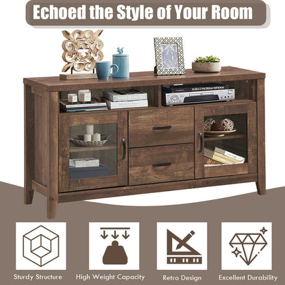 Retro Wooden TV Stand for TVs up to 65 Inches with Drawers, Cabinets, and Tempered Glass Doors