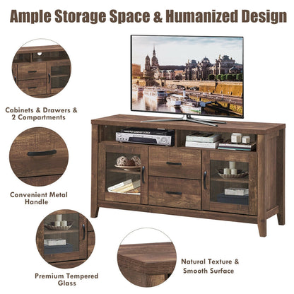 Retro Wooden TV Stand for TVs up to 65 Inches with Drawers, Cabinets, and Tempered Glass Doors