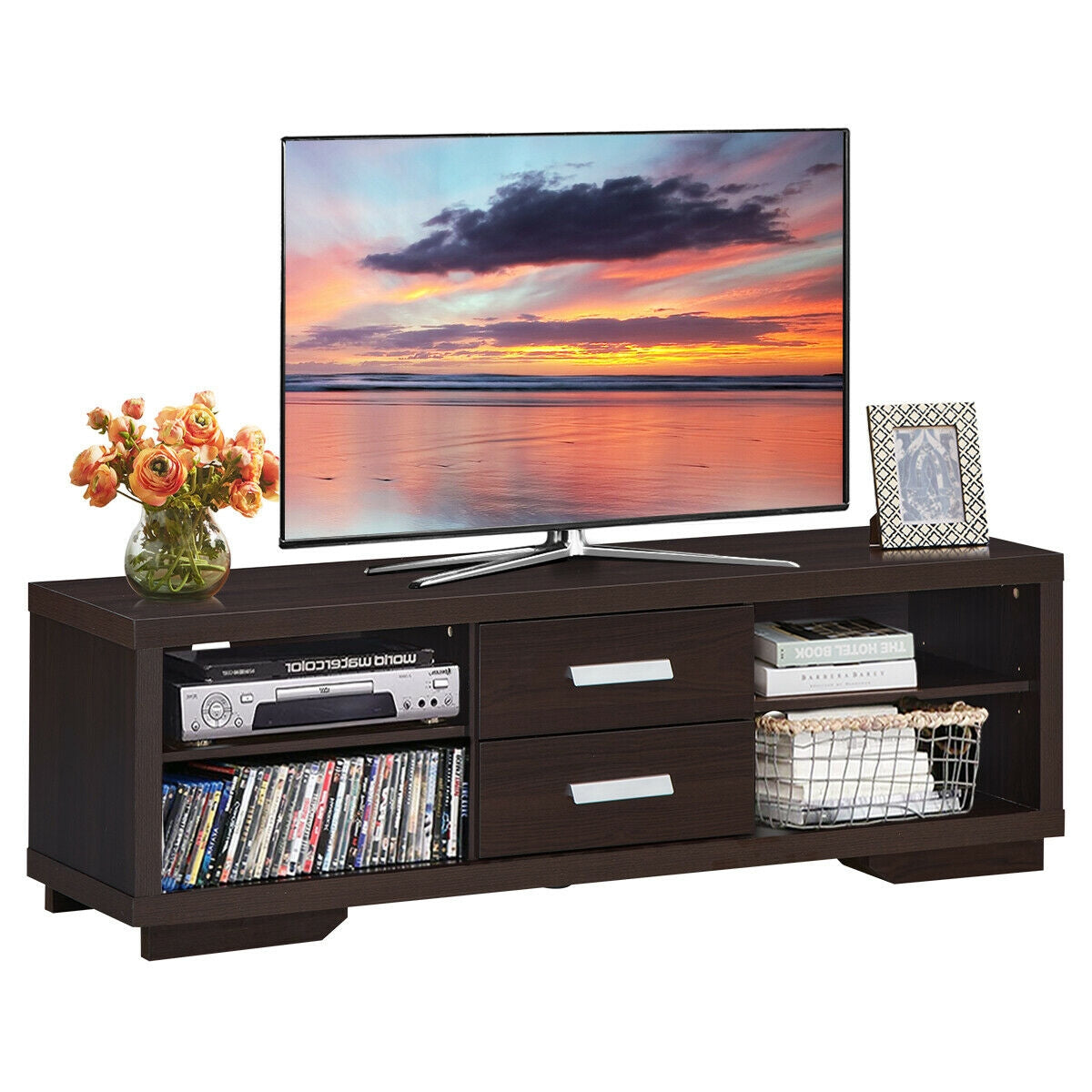 Modern Entertainment Center with Storage Drawers and Four Open Shelves