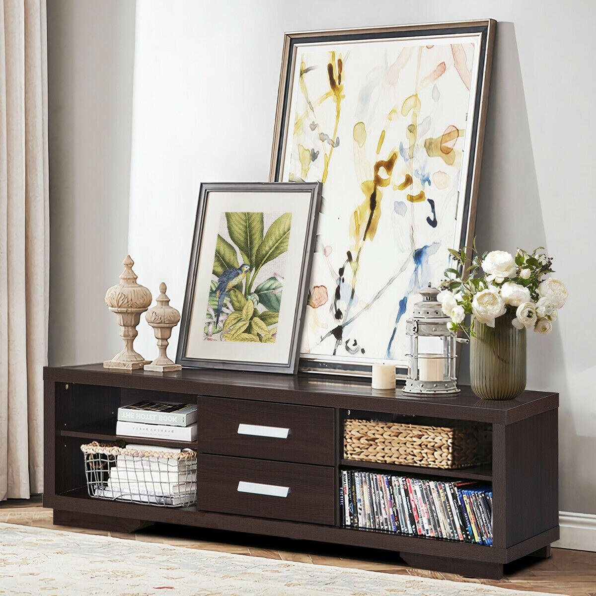 Modern Entertainment Center with Storage Drawers and Four Open Shelves