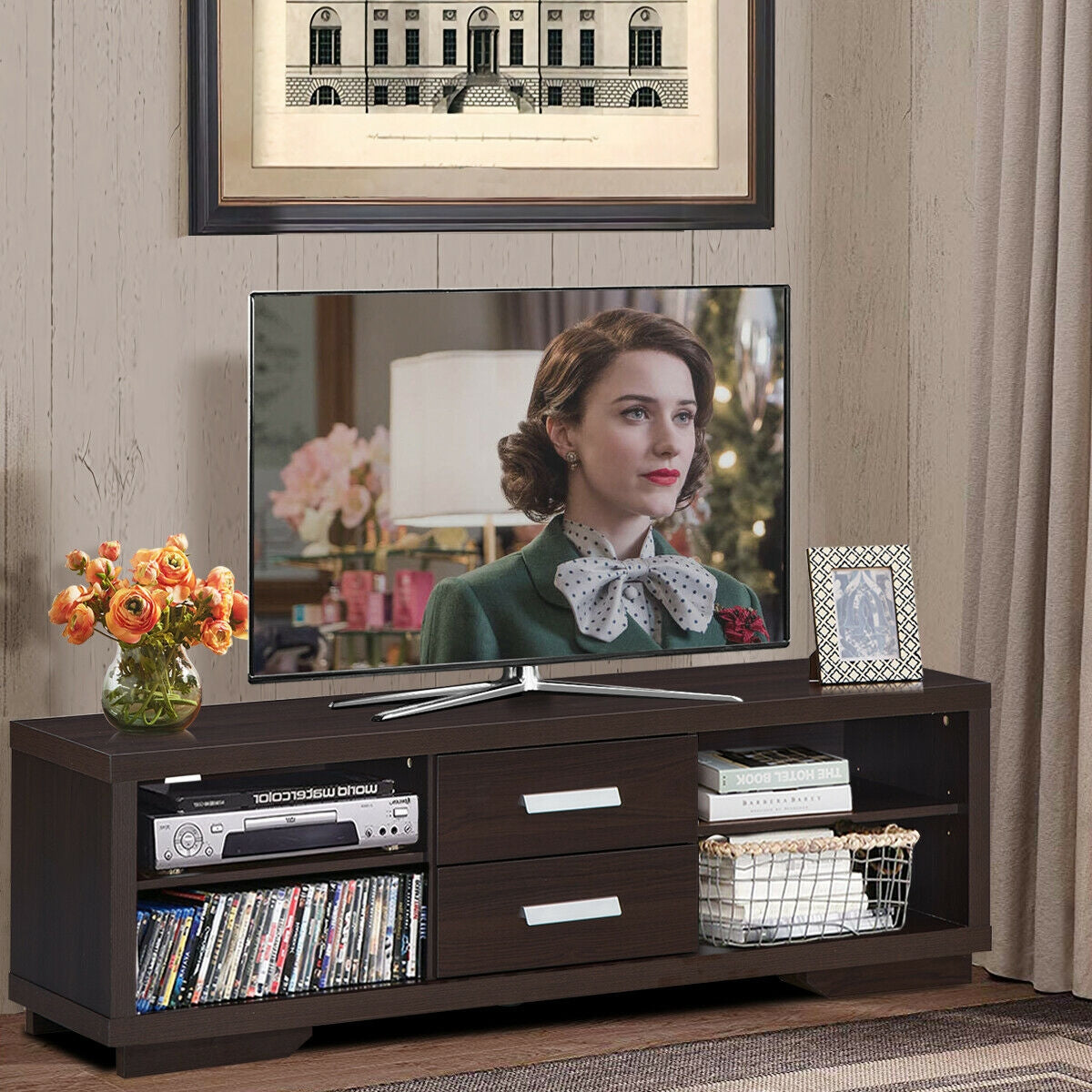 Modern Entertainment Center with Storage Drawers and Four Open Shelves