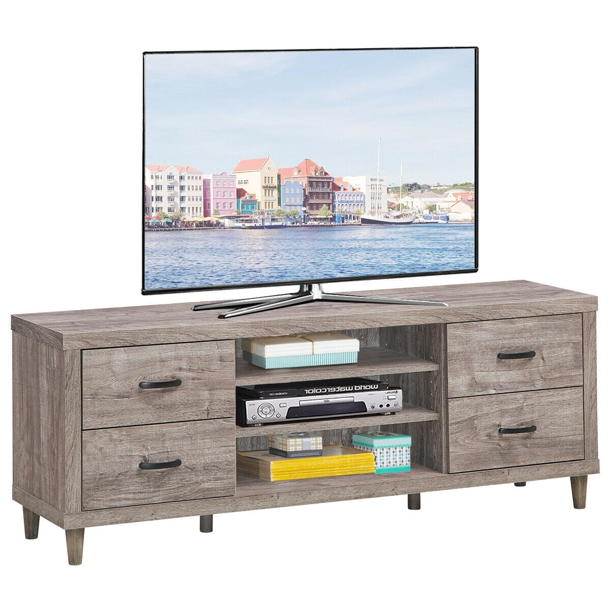 Wood TV Stand with Adjustable Shelves, 4 Drawers, and Cable Management – Fits TVs up to 65"