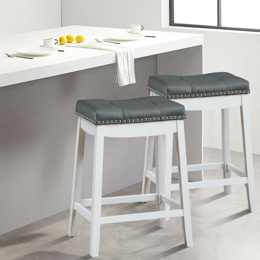 2-Piece Saddle Bar Stools with Decorative Nailhead Trim - White