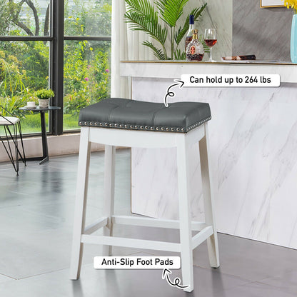 2-Piece Saddle Bar Stools with Decorative Nailhead Trim - White