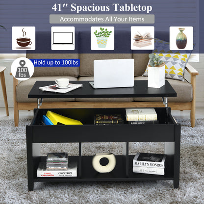 Adjustable Lift Top Coffee Table with Storage Shelves and Hidden Compartment - Black