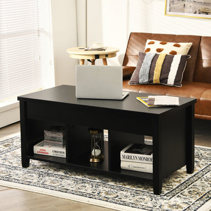 Adjustable Lift Top Coffee Table with Storage Shelves and Hidden Compartment - Black