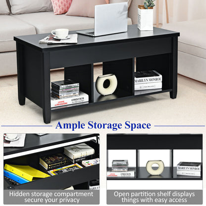 Adjustable Lift Top Coffee Table with Storage Shelves and Hidden Compartment - Black