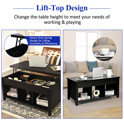 Adjustable Lift Top Coffee Table with Storage Shelves and Hidden Compartment - Black