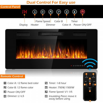 42 Inch Recessed Ultra Thin Electric Fireplace with Timer & Adjustable Heat