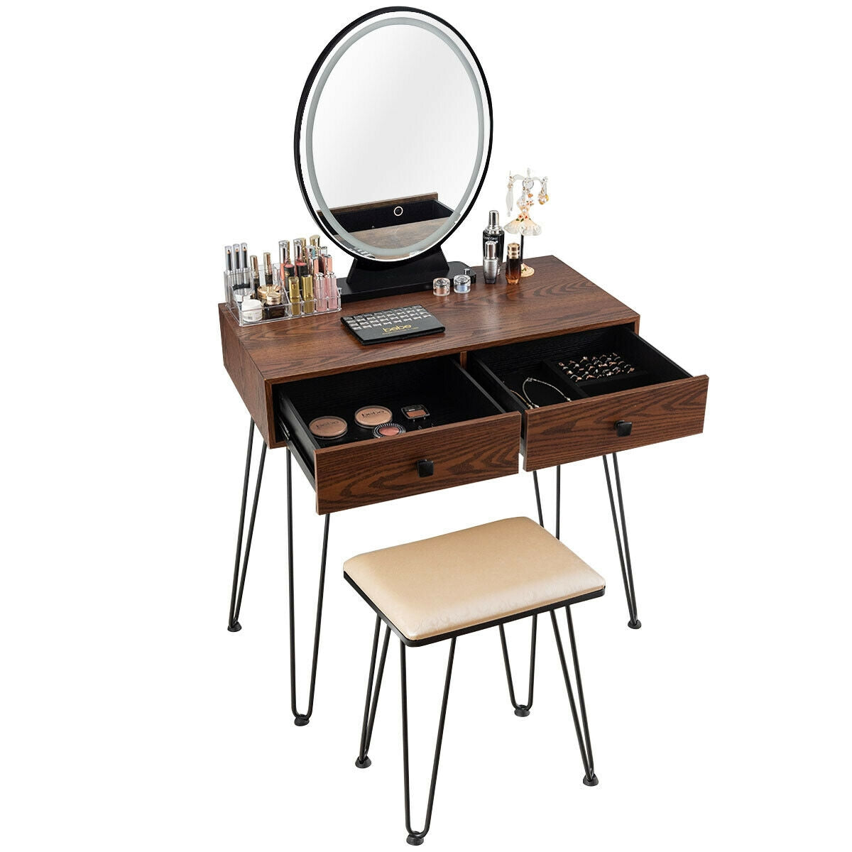 Industrial Vanity Makeup Table with LED Light & 3 Adjustable Color Modes – Walnut