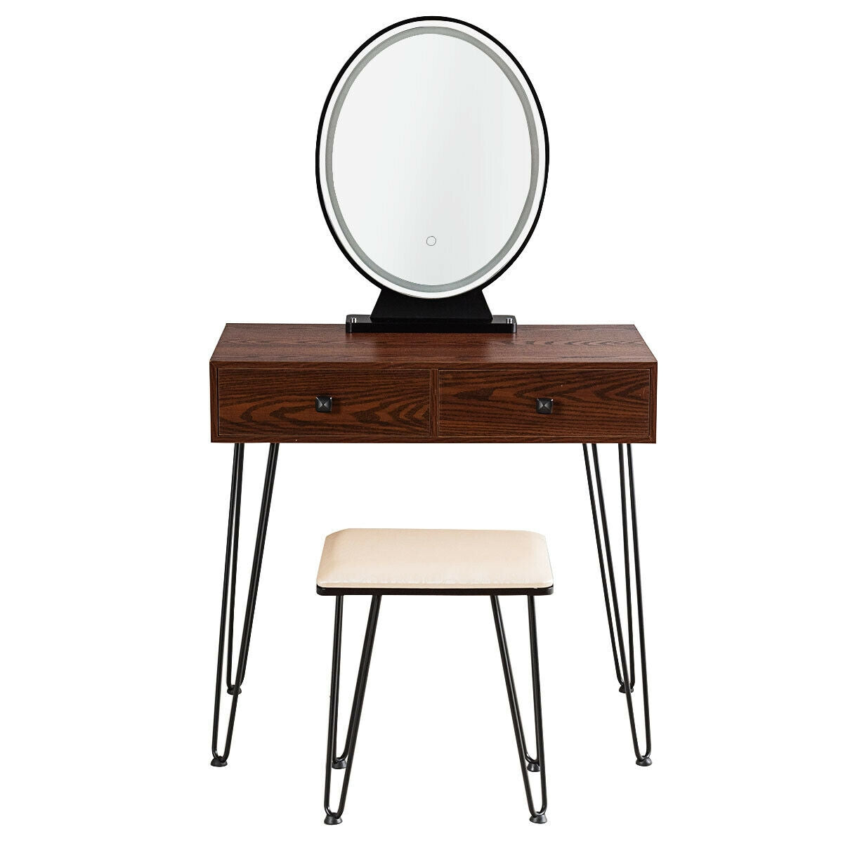 Industrial Vanity Makeup Table with LED Light & 3 Adjustable Color Modes – Walnut