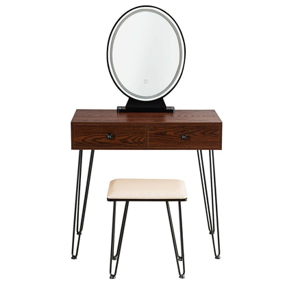 Industrial Vanity Makeup Table with LED Light & 3 Adjustable Color Modes – Walnut