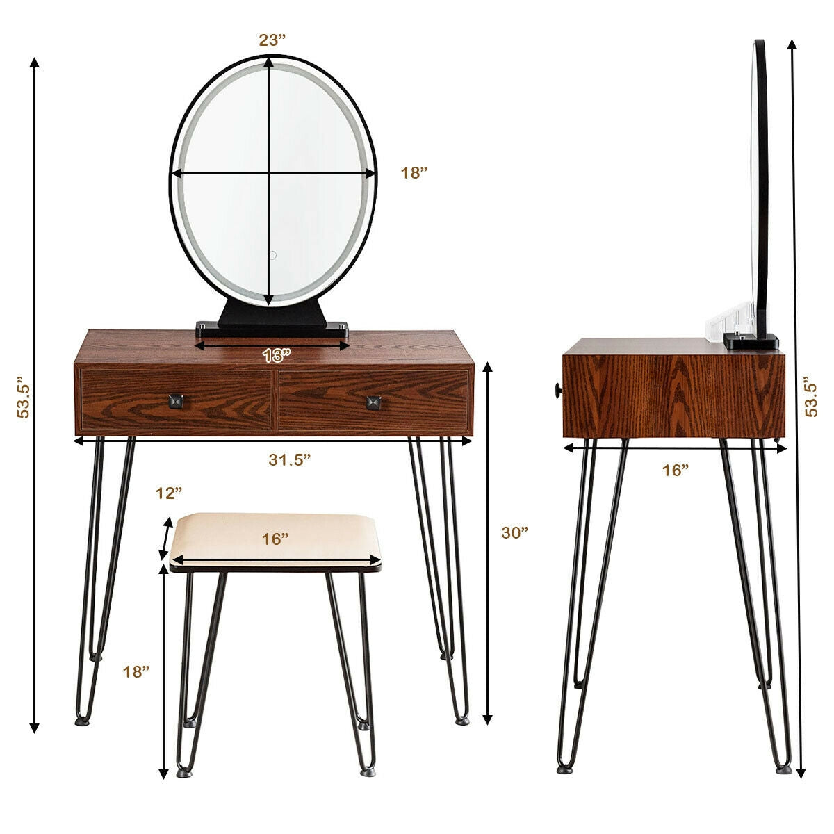 Industrial Vanity Makeup Table with LED Light & 3 Adjustable Color Modes – Walnut