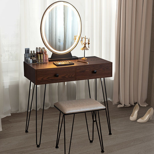 Industrial Vanity Makeup Table with LED Light & 3 Adjustable Color Modes – Walnut