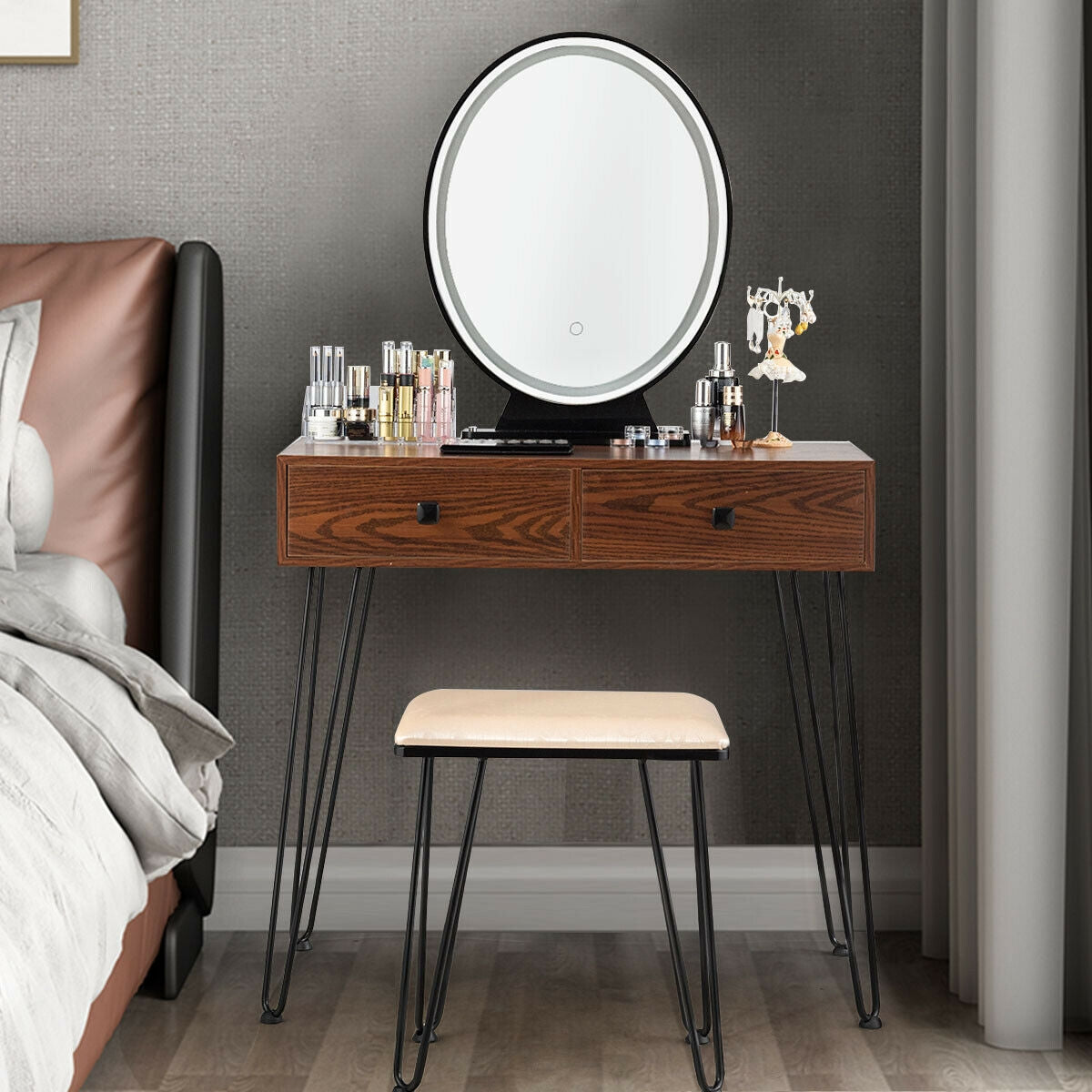 Industrial Vanity Makeup Table with LED Light & 3 Adjustable Color Modes – Walnut