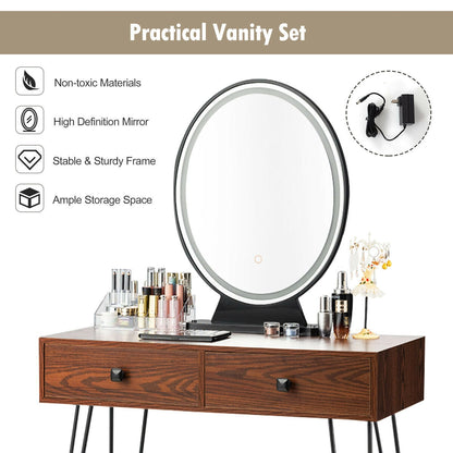 Industrial Vanity Makeup Table with LED Light & 3 Adjustable Color Modes – Walnut