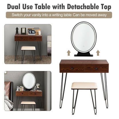 Industrial Vanity Makeup Table with LED Light & 3 Adjustable Color Modes – Walnut