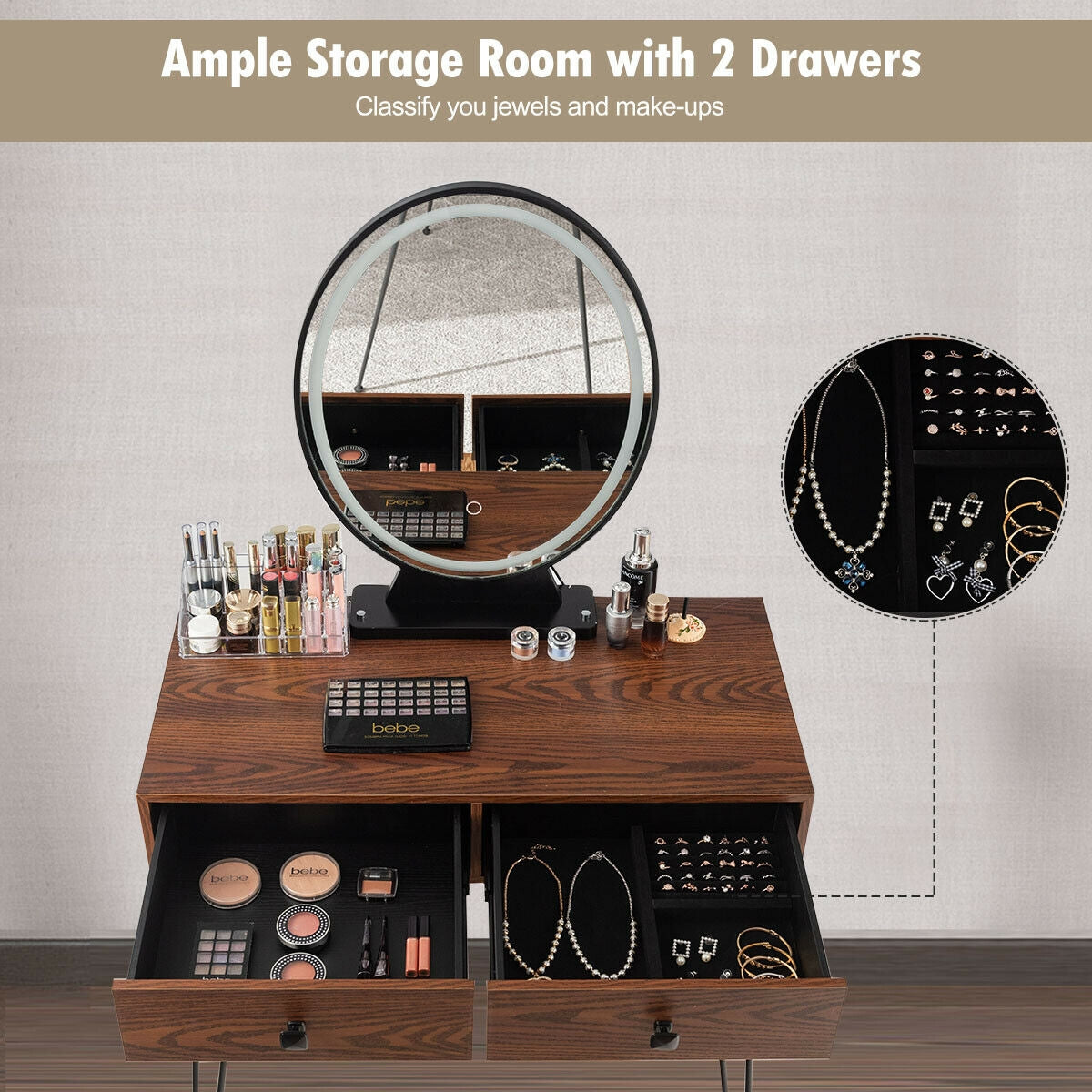 Industrial Vanity Makeup Table with LED Light & 3 Adjustable Color Modes – Walnut