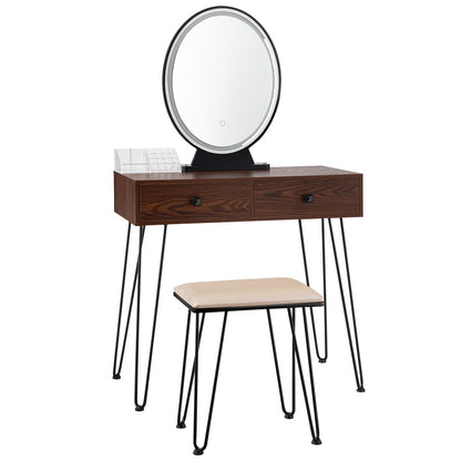 Industrial Vanity Makeup Table with LED Light & 3 Adjustable Color Modes – Walnut