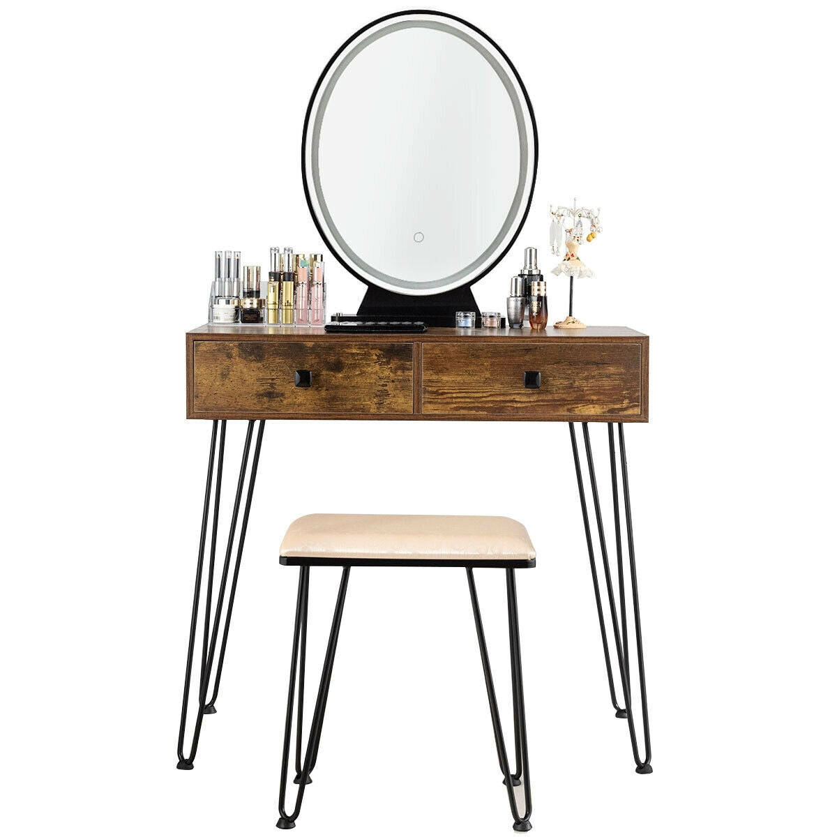 Industrial Vanity Makeup Table with LED Light & 3 Adjustable Color Modes – Rustic Brown