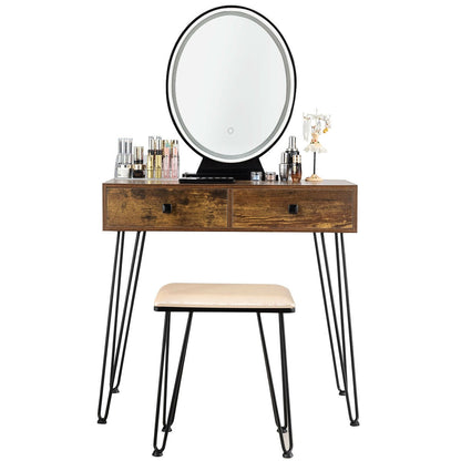 Industrial Vanity Makeup Table with LED Light & 3 Adjustable Color Modes – Rustic Brown