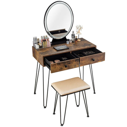 Industrial Vanity Makeup Table with LED Light & 3 Adjustable Color Modes – Rustic Brown