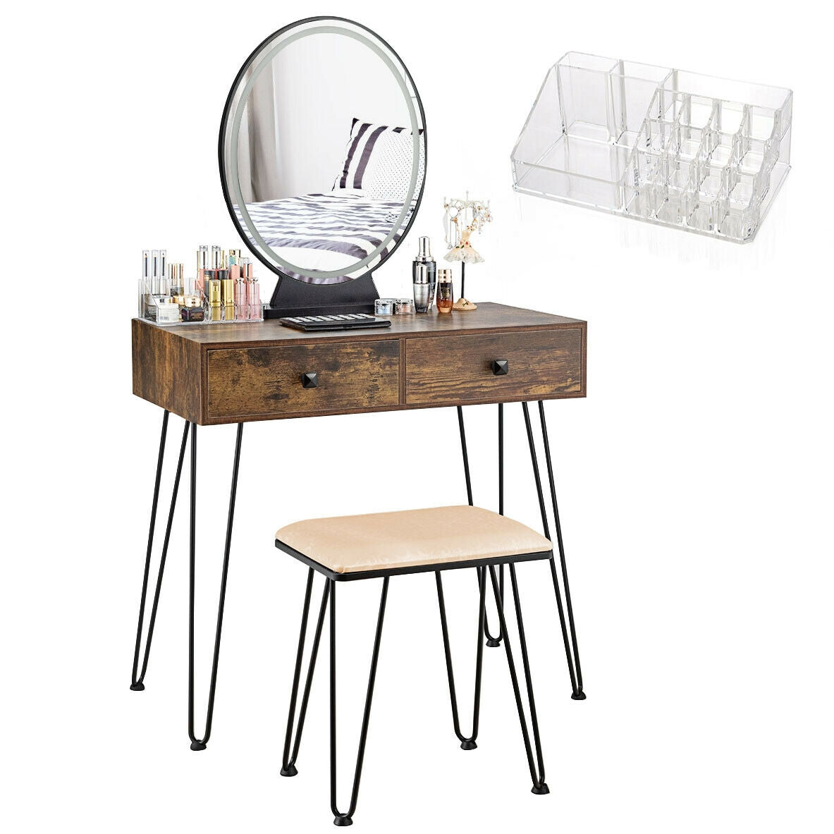 Industrial Vanity Makeup Table with LED Light & 3 Adjustable Color Modes – Rustic Brown