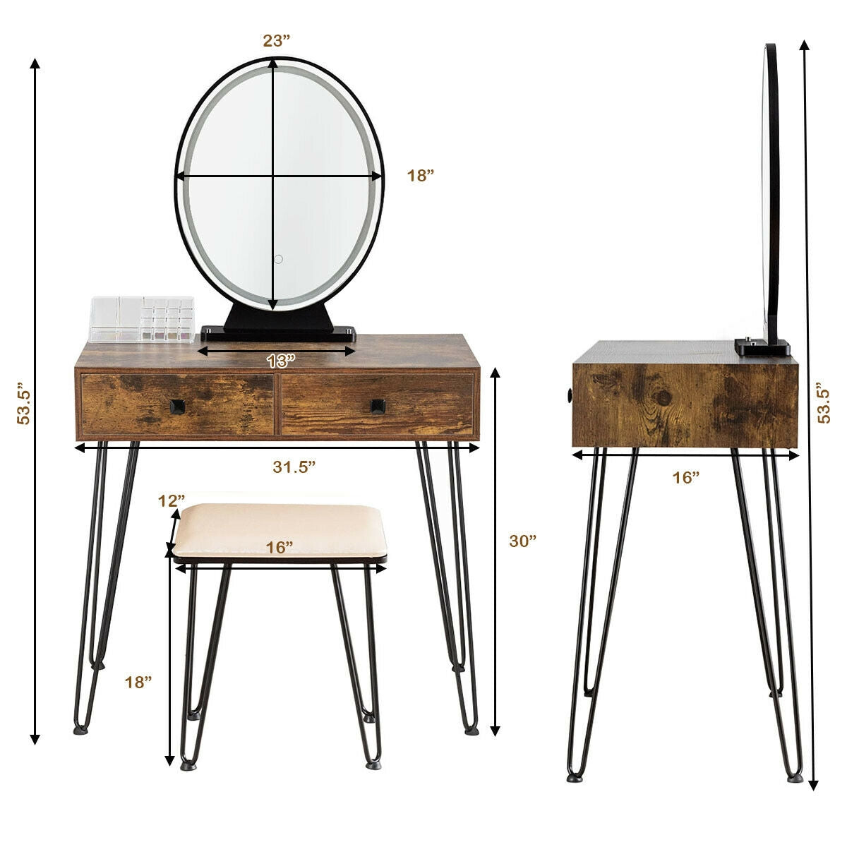 Industrial Vanity Makeup Table with LED Light & 3 Adjustable Color Modes – Rustic Brown