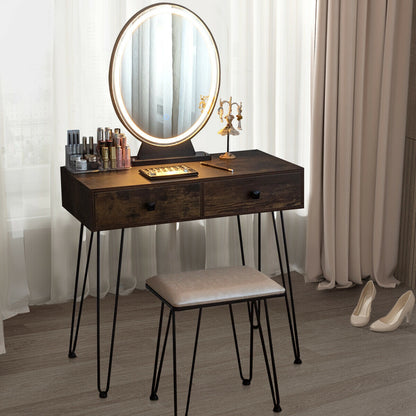 Industrial Vanity Makeup Table with LED Light & 3 Adjustable Color Modes – Rustic Brown