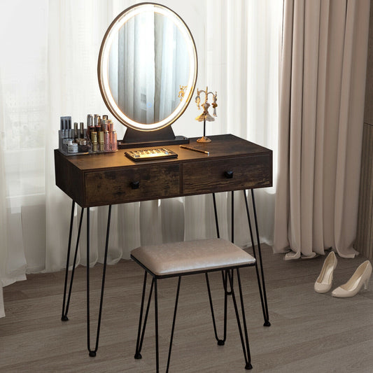 Industrial Vanity Makeup Table with LED Light & 3 Adjustable Color Modes – Rustic Brown
