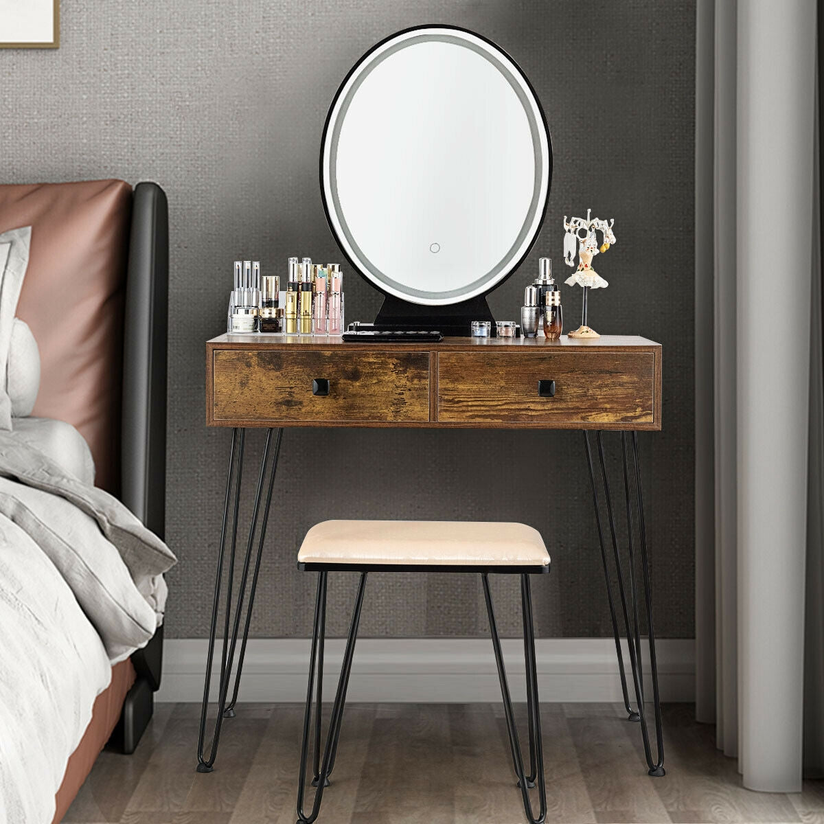 Industrial Vanity Makeup Table with LED Light & 3 Adjustable Color Modes – Rustic Brown