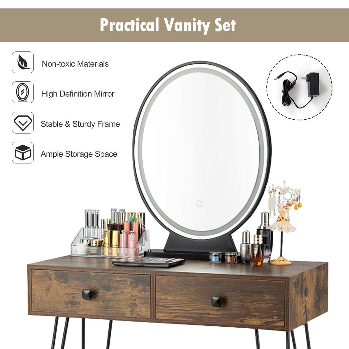 Industrial Vanity Makeup Table with LED Light & 3 Adjustable Color Modes – Rustic Brown