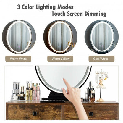 Industrial Vanity Makeup Table with LED Light & 3 Adjustable Color Modes – Rustic Brown