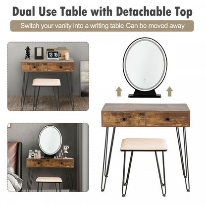 Industrial Vanity Makeup Table with LED Light & 3 Adjustable Color Modes – Rustic Brown